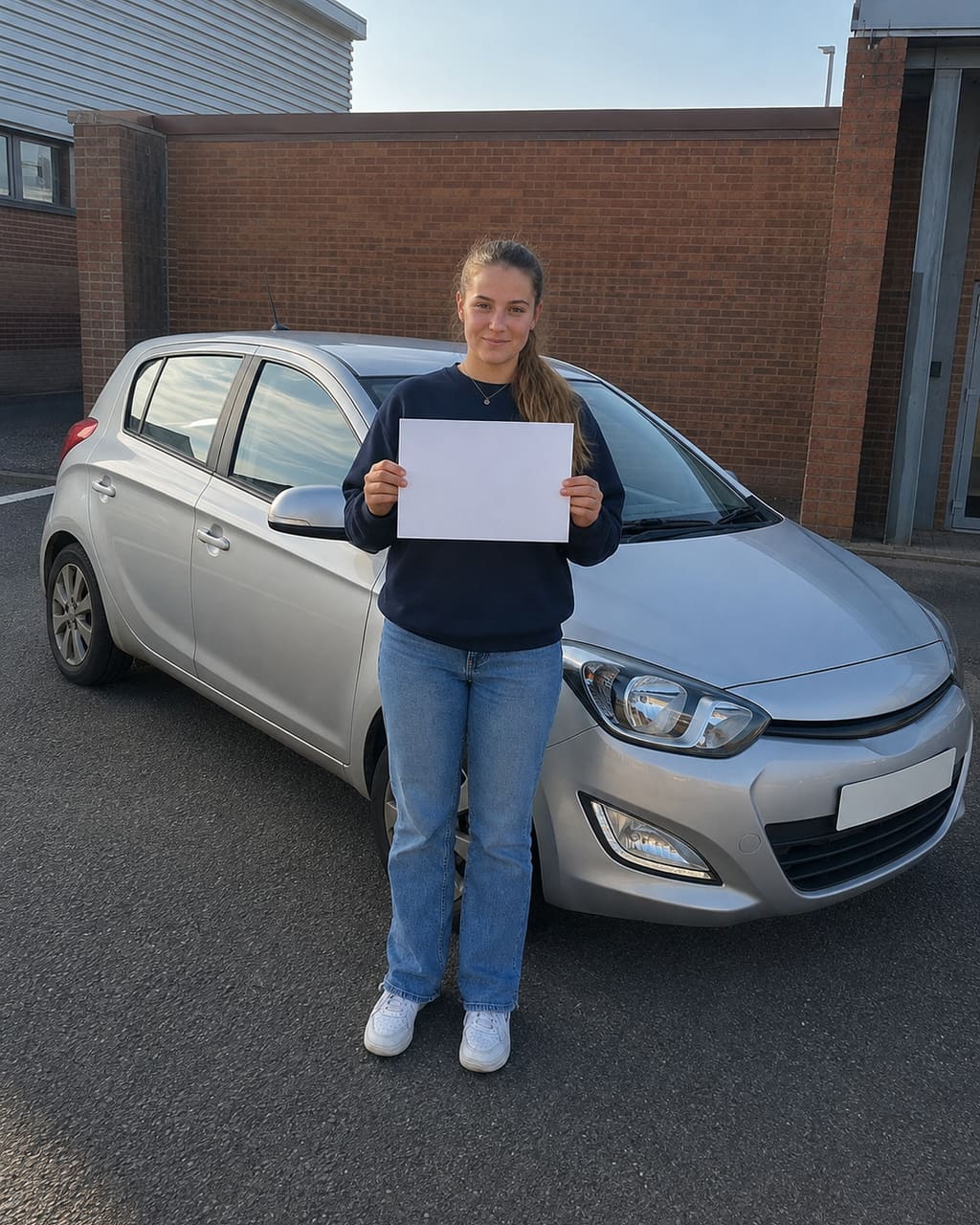 The same pupil and car, photographed properly: moved so the light is behind the camera, shot from a step back at chest height, certificate square to the lens, background clear.