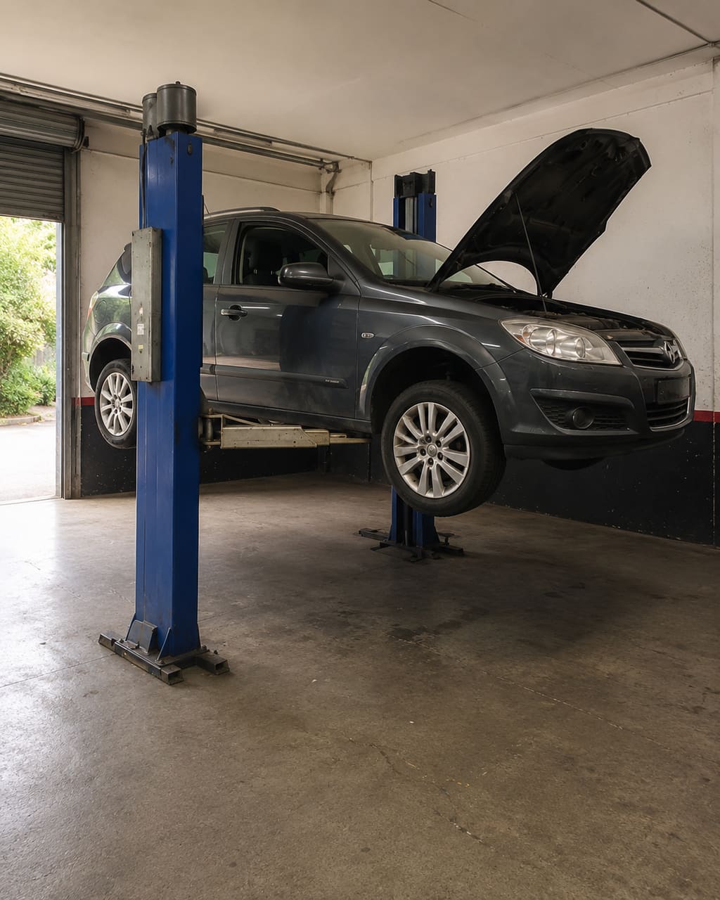 The same car, photographed properly: rolled to the open shutter for daylight, shot square from three-quarters, floor swept and the frame cleared.