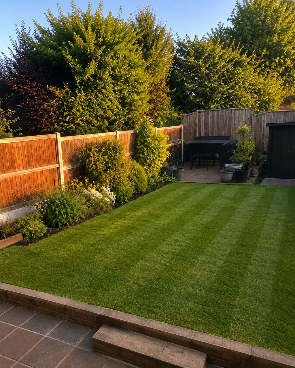 The same garden, photographed properly: shot from the patio in late afternoon light, tools cleared, the whole run of the border in frame.