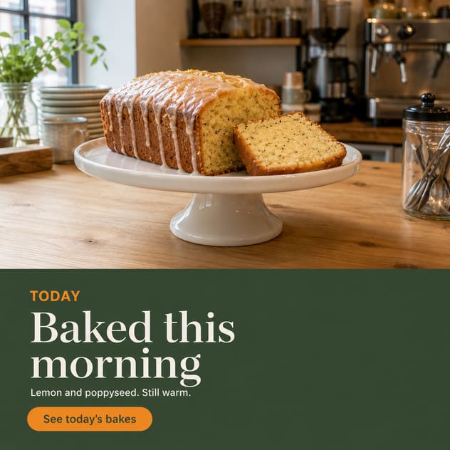 A finished social post: a lemon loaf above a green panel reading “Baked this morning”, with a “See today's bakes” button.