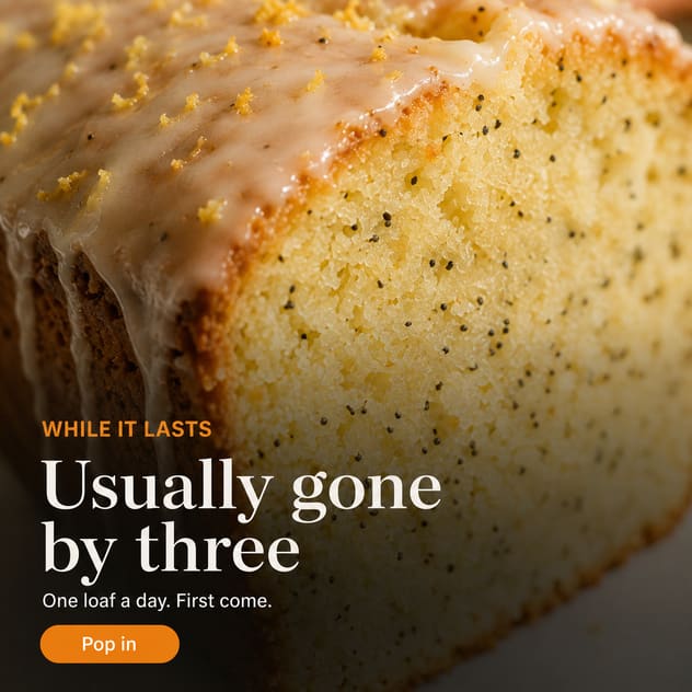 A finished social post: a close crop of the loaf's crumb with “Usually gone by three” set over it, and a “Pop in” button.