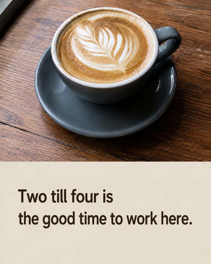 The window-lit flat white photograph from section 04, untouched, with the words “Two till four is the good time to work here” on an oat-coloured panel at the foot.
