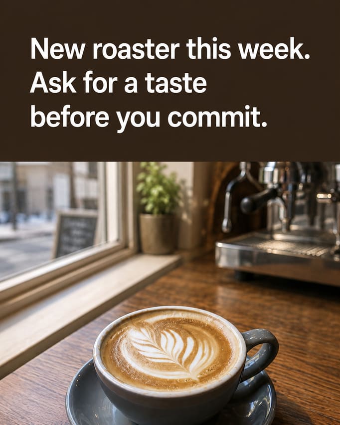 The same cup and the same latte art, kept exactly as photographed, with the café table beneath replaced by a warm wooden counter with a window behind, and the words “New roaster this week. Ask for a taste before you commit” on a dark brown band at the top.