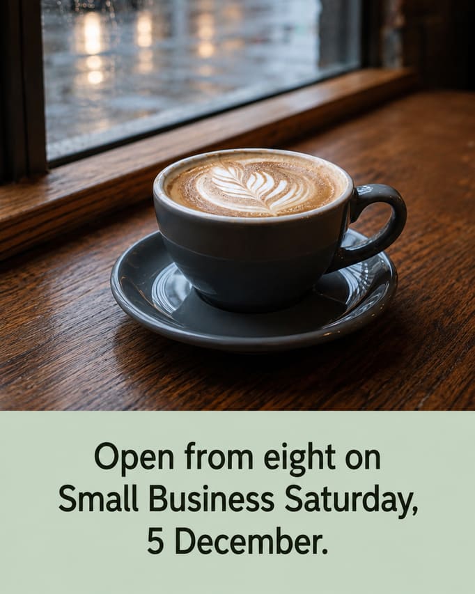The same flat white in a new scene, shot from lower and to the side with a window seat and winter light behind it, and the words “Open from eight on Small Business Saturday, 5 December” on a pale green panel.