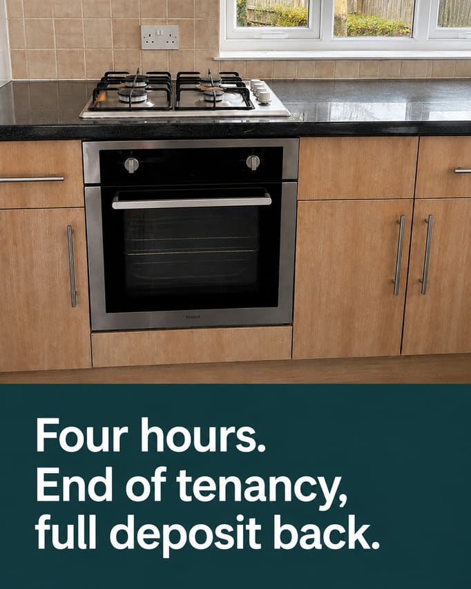 The kitchen photograph from section 04, untouched, with the words “Four hours. End of tenancy, full deposit back” on a deep teal panel at the foot.