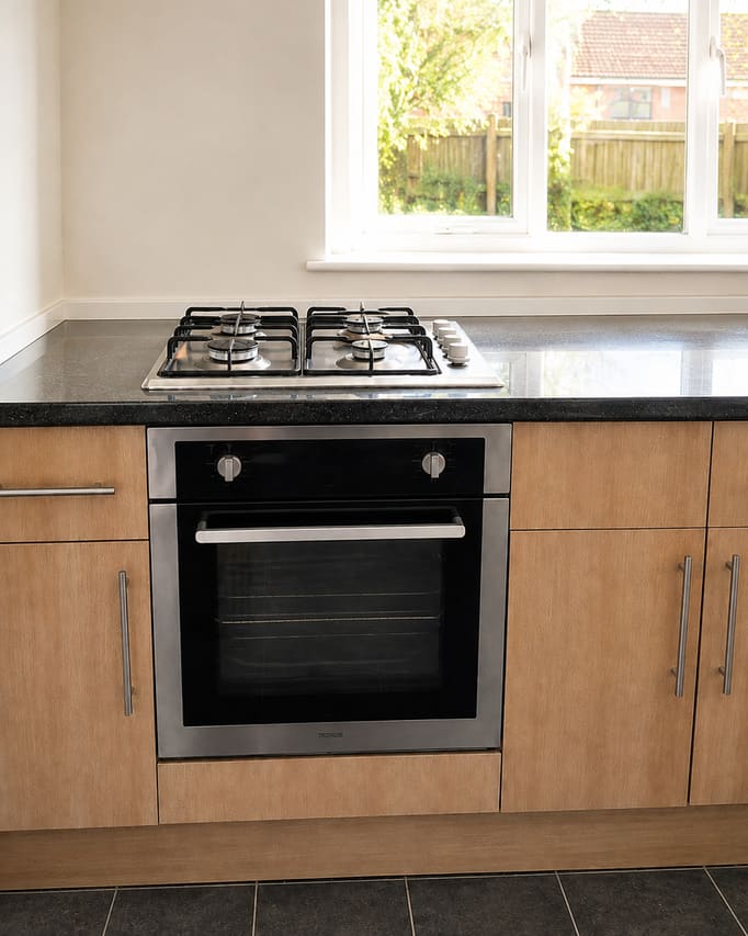 The same hob and worktop, kept exactly as photographed, with the rest of the kitchen behind them replaced by a bright, tidy, well-lit room, and the words “We do the oven glass. Most people don't” on a black band across the top.