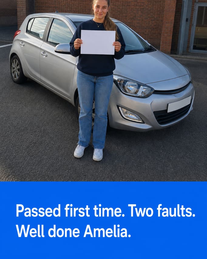 The properly lit pass photograph from section 04, untouched, with the words “Passed first time. Two faults. Well done Amelia” on a bright blue panel at the foot. The certificate she is holding stays blank.