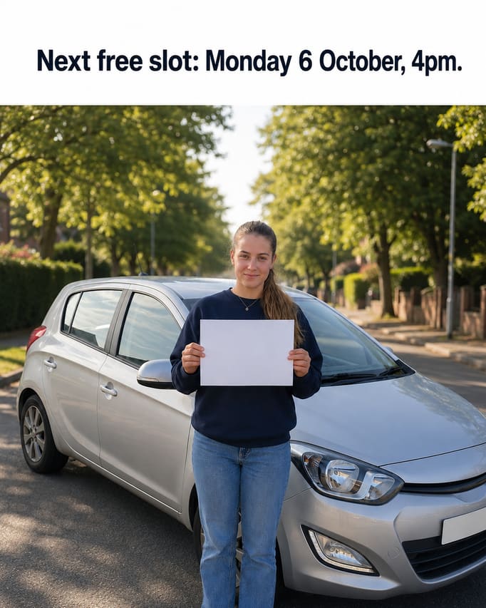 The same pupil and the same car, kept exactly as photographed, with the test centre car park behind them replaced by an open tree-lined road in soft light, and the words “Next free slot: Monday 6 October, 4pm” on a white band at the top. The certificate stays blank.