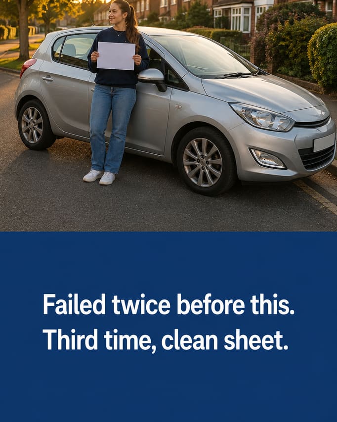 The same pupil and car in a new scene, shot from lower and further back on a quiet residential street in late afternoon light, with the words “Failed twice before this. Third time, clean sheet” on a deep blue panel. The certificate stays blank.