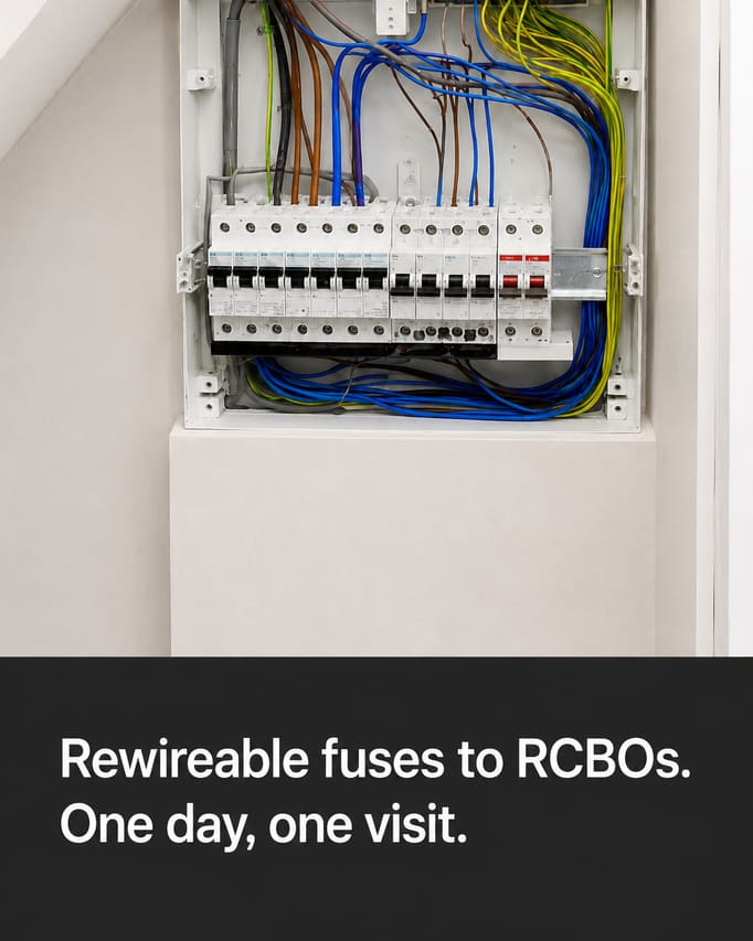 The consumer unit photograph from section 04, untouched, with the words “Rewireable fuses to RCBOs. One day, one visit” on a charcoal panel at the foot.