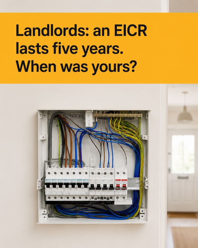 The same consumer unit with the same labels, kept exactly as photographed, with the dim cupboard around it replaced by a clean painted hallway wall in daylight, and the words “Landlords: an EICR lasts five years. When was yours?” on an amber band at the top.