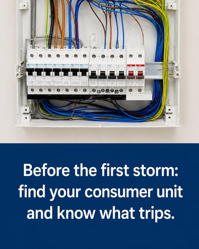 The same board in a new scene, shot square on from closer with the cover open and the circuits legible, in even light, with the words “Before the first storm: find your consumer unit and know what trips” on a deep blue panel.