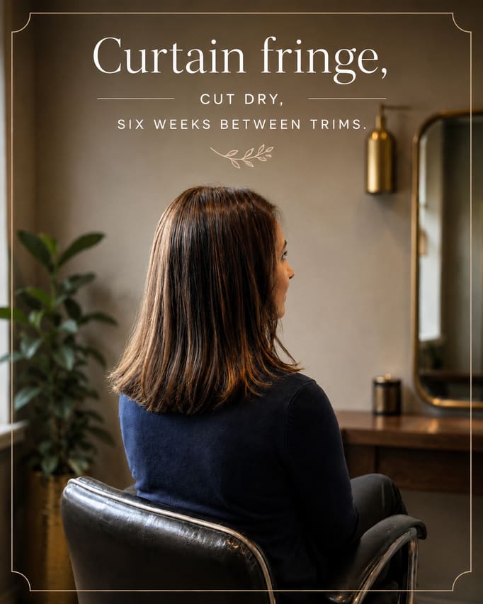 The same client and the same haircut, kept exactly as photographed, with the plain salon wall behind her replaced by a warmer styled interior, and the words “Curtain fringe, cut dry, six weeks between trims” across the top.