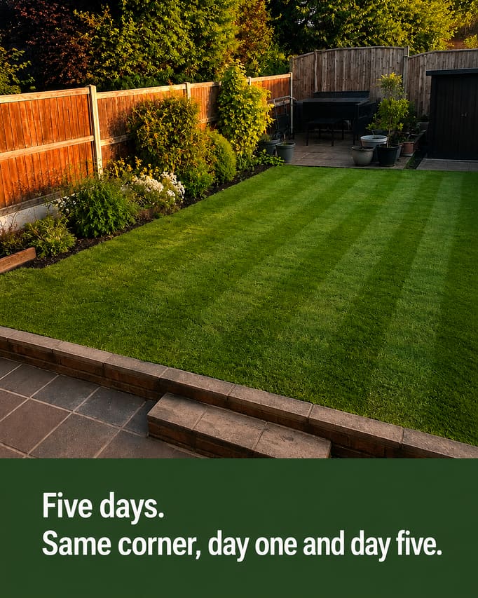 The late-afternoon garden photograph from section 04, untouched, with the words “Five days. Same corner, day one and day five” on a forest green panel at the foot.
