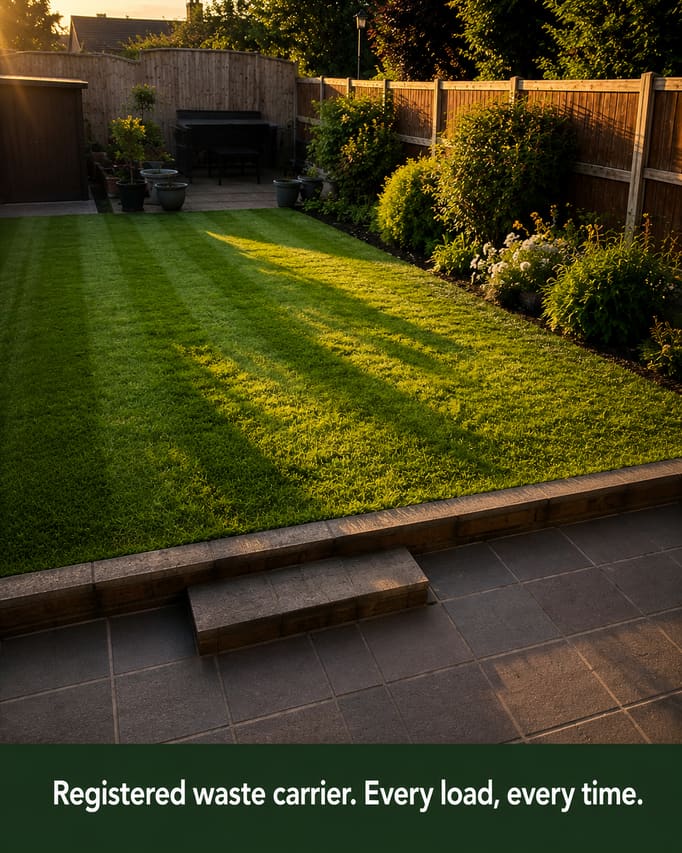 The same garden in a new scene, shot from the patio doorway at low sun with the step in the frame for scale, and the words “Registered waste carrier. Every load, every time” on a dark green band.
