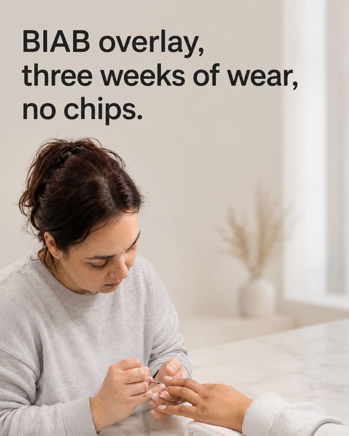 The same hands and the same manicure, kept exactly as photographed, with the salon desk behind them replaced by a clean pale marble surface and soft daylight, and the words “BIAB overlay, three weeks of wear, no chips” at the top.