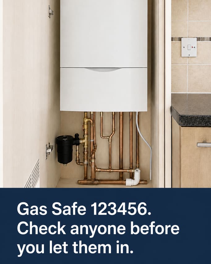 The boiler install photograph from section 04, untouched, with the words “Gas Safe 123456. Check anyone before you let them in” on a navy panel at the foot.