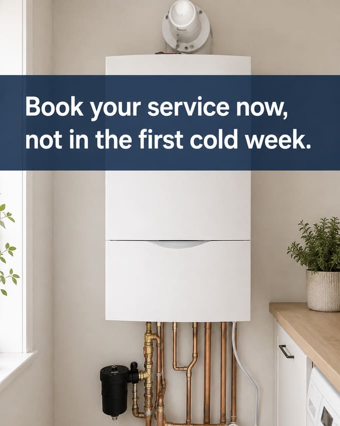 The same boiler and the same pipework, kept exactly as photographed, with the cramped cupboard around them replaced by a clean, bright utility room, and the words “Book your service now, not in the first cold week” across the upper third.