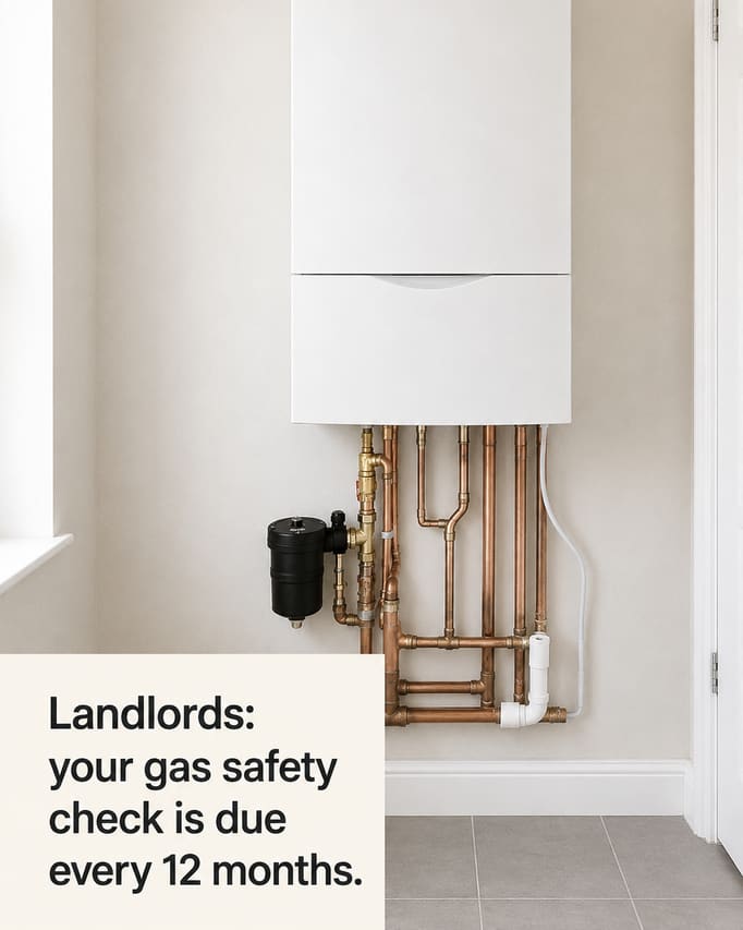 The same install in a new scene, shot from a step back and lower so the whole run of pipework reads, in even daylight, with the words “Landlords: your gas safety check is due every 12 months” on an off-white panel.