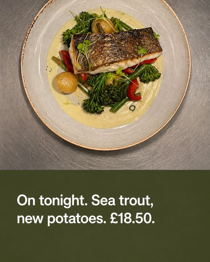The window-lit dish photograph from section 04, untouched, with the words “On tonight. Sea trout, new potatoes. £18.50” on a dark olive panel at the foot.