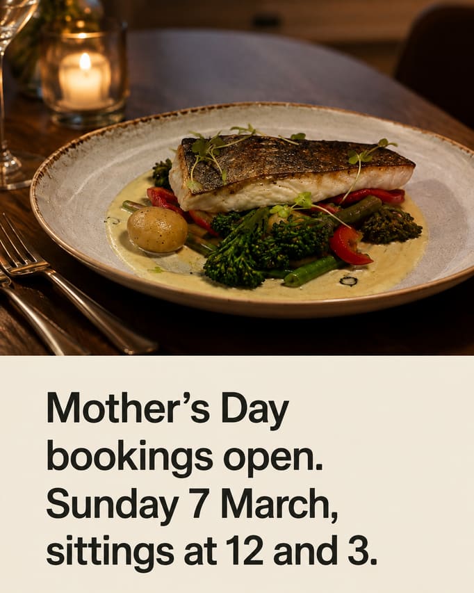 The same dish in a new scene, shot from the side at plate height on a set table in warm evening light, with the words “Mother's Day bookings open. Sunday 7 March, sittings at 12 and 3” on a cream panel.